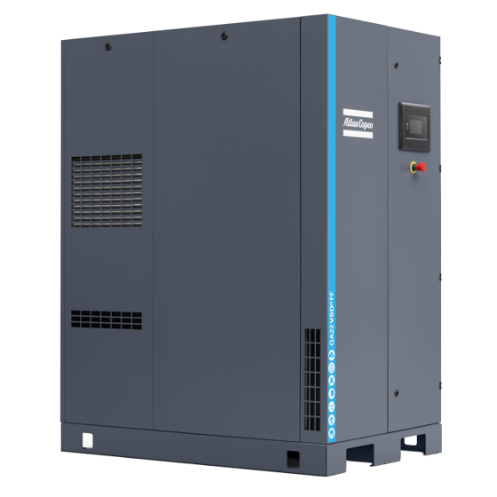 Atlas Copco GA 22 VSDs FF oil-injected screw compressor floor mount, featuring a sleek grey design with blue accents and a prominent control panel.
